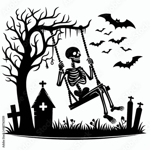 Skeleton riding a spooky swing. Halloween Skull Bones Anatomy Skeletal Clipart Line Art Vector Illustration. Bony figure on eerie pendulum frightful festive autumn allegory.