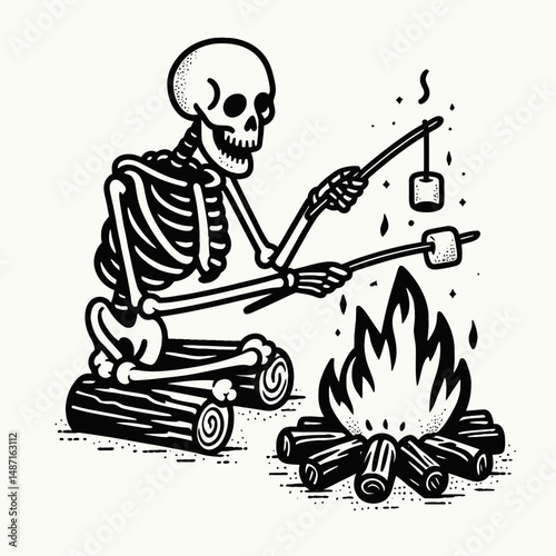 Skeleton roasting marshmallows over a fire. Halloween Skull Bones Anatomy Skeletal Clipart Line Art Vector Illustration. Bony figure cooking sweet treat on blaze spooky season bonfire.