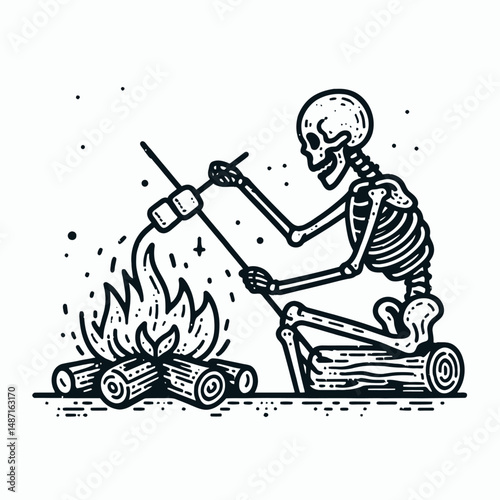 Skeleton roasting marshmallows over a fire. Halloween Skull Bones Anatomy Skeletal Clipart Line Art Vector Illustration. Bony figure warming dessert treat above flame during night gathering.