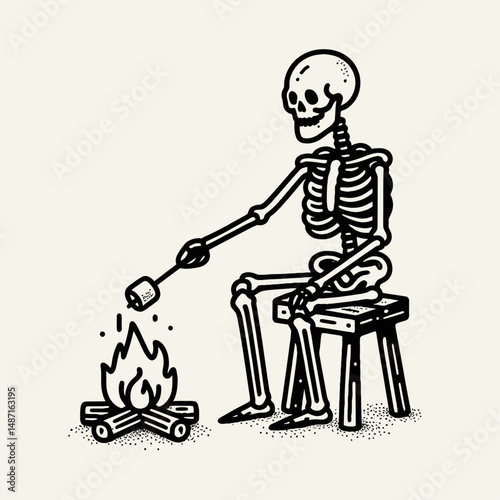 Skeleton roasting marshmallows over a fire. Halloween Skull Bones Anatomy Skeletal Clipart Line Art Vector Illustration. Bony figure heating sugary treat above blaze during campfire.