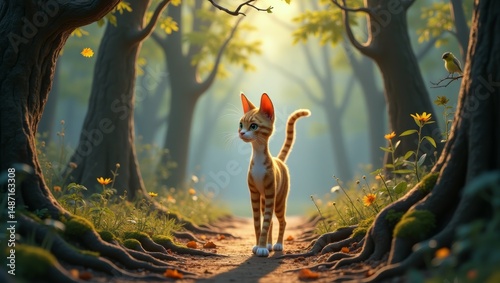 Serene woodland scene with a curious orange tabby cat exploring a sunlit forest pathway with birds perched on nearby branches