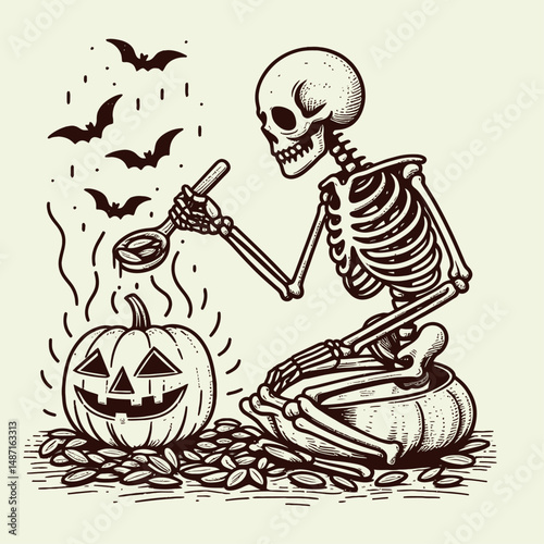 Skeleton roasting pumpkin seeds. Halloween Skull Bones Anatomy Skeletal Clipart Line Art Vector Illustration. Bony figure baking gourd kernel delightful autumn harvest treat idea.