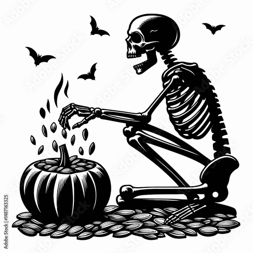 Skeleton roasting pumpkin seeds. Halloween Skull Bones Anatomy Skeletal Clipart Line Art Vector Illustration. Bony figure toasting gourd kernels a spooky autumn treat preparation method.