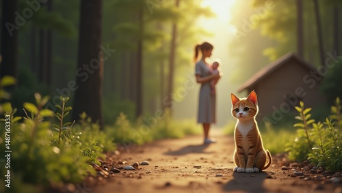 Serene woodland scene featuring a young woman with a baby and a curious kitten at sunset