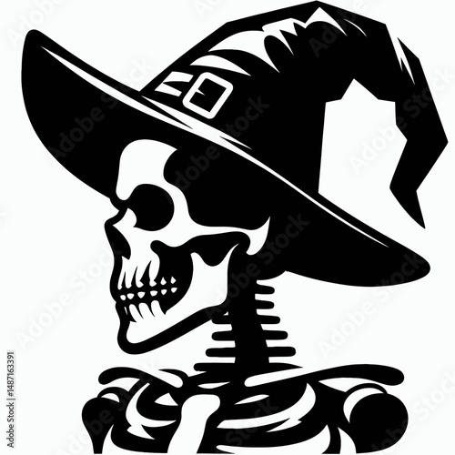 Skeleton s face wear witch hat in halloween. Halloween Skull Bones Anatomy Skeletal Clipart Line Art Vector Illustration. Bony adorns wizard headgear during spooky autumn celebration.