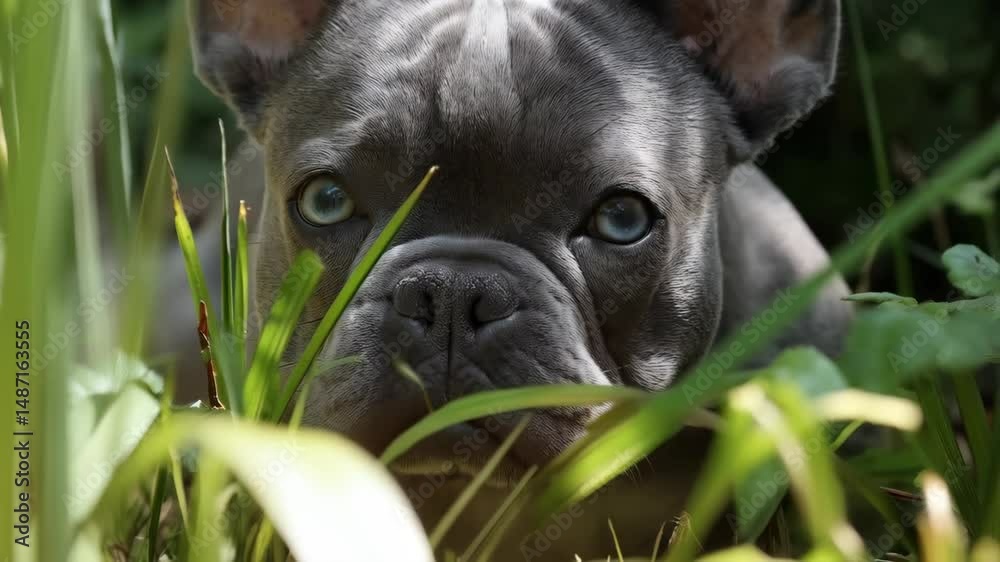 Close up portrait of gray colored dog with blue eyes looking directly at camera from green grass