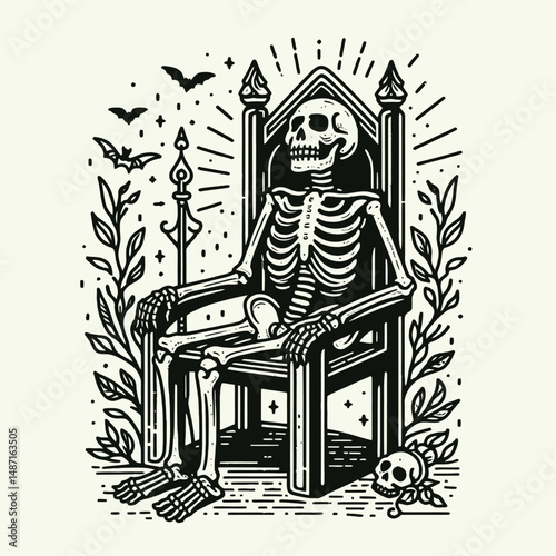 Skeleton sitting on a Halloween throne. Skull Bones Anatomy Skeletal Clipart Line Art Vector Illustration. Bony figure atop festive autumn chair spooky season decor element.