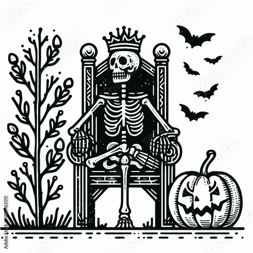 Skeleton sitting on a Halloween throne. Skull Bones Anatomy Skeletal Clipart Line Art Vector Illustration. Bony figure resting upon an autumnal celebration seat horror theme.
