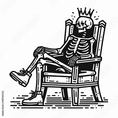 Skeleton sitting on a Halloween throne. Skull Bones Anatomy Skeletal Clipart Line Art Vector Illustration. Bony figure resting upon spooky autumn celebration seat regal horror theme.