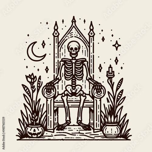Skeleton sitting on a Halloween throne. Skull Bones Anatomy Skeletal Clipart Line Art Vector Illustration. Bony figure reclined upon spooky autumn festivity regal seat.