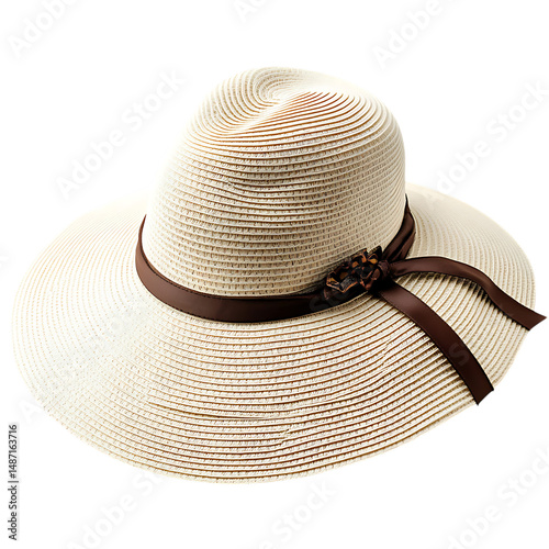 Elegant Wide Brim Sun Hat with Refined Curves and a White Hat with Brown Ribbon Isolated on Transparent Background