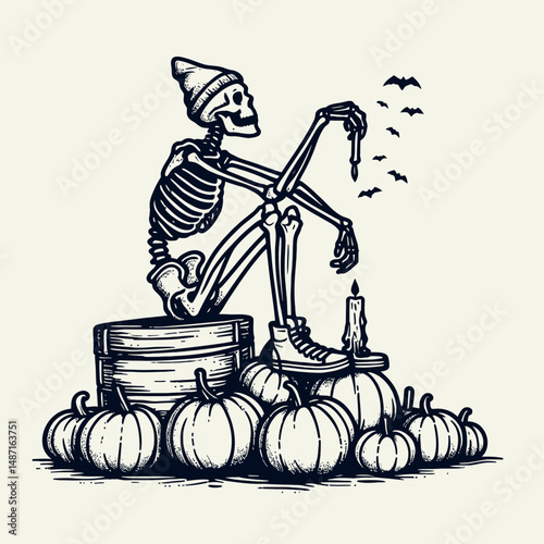 Skeleton sitting on a pile of pumpkins. Halloween Skull Bones Anatomy Skeletal Clipart Line Art Vector Illustration. Bony figure resting atop collection gourd autumn harvest spooky.