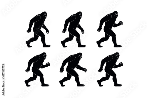 Silhouette illustration of Bigfoot in various walking poses.