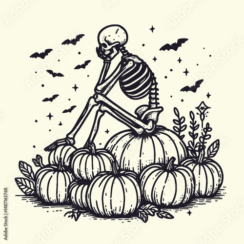 Skeleton sitting on a pile of pumpkins. Halloween Skull Bones Anatomy Skeletal Clipart Line Art Vector Illustration. Bony figure atop mountain gourd spooky autumn harvest arrangement.