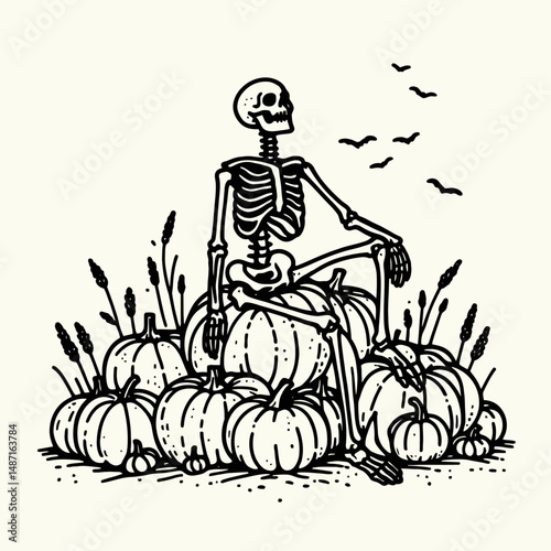Skeleton sitting on a pile of pumpkins. Halloween Skull Bones Anatomy Skeletal Clipart Line Art Vector Illustration. Bony figure resting upon hoard autumn gourds spooky harvest decoration.