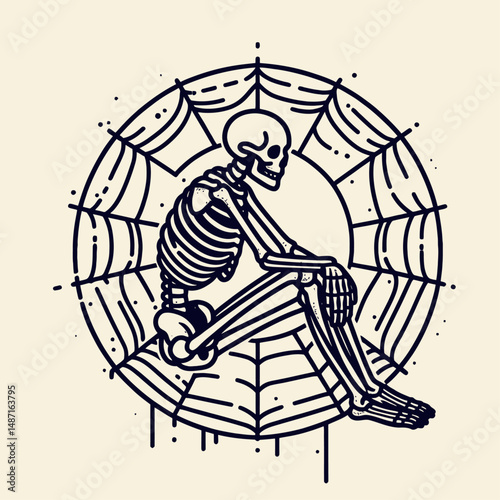 Skeleton sitting on a spider web. Halloween Skull Bones Anatomy Skeletal Clipart Line Art Vector Illustration. Bony figure perched atop sticky cobweb spooky decoration eerie.