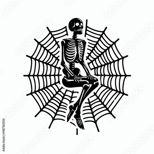 Skeleton sitting on a spider web. Halloween Skull Bones Anatomy Skeletal Clipart Line Art Vector Illustration. Bony figure perched atop arachnid filament eerie adornment.