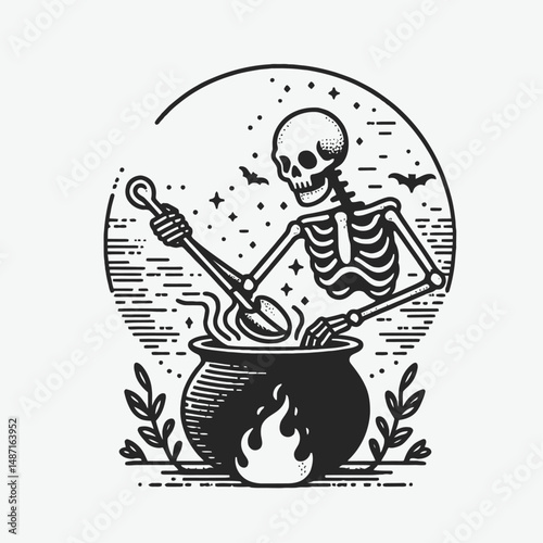 Skeleton stirring a cauldron. Halloween Skull Bones Anatomy Skeletal Clipart Line Art Vector Illustration. Bony being brews concoction spooky image for magical ritual occult craft.