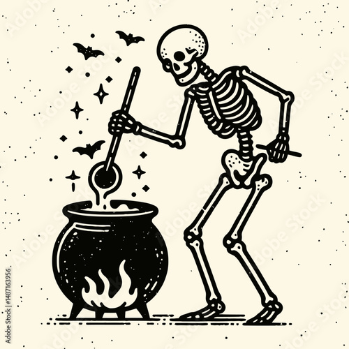 Skeleton stirring a cauldron. Halloween Skull Bones Anatomy Skeletal Clipart Line Art Vector Illustration. Bony figure concocting potion brew in kettle eerie magic archetype.