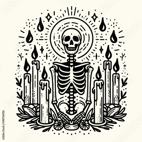 Skeleton surrounded by candles. Halloween Skull Bones Anatomy Skeletal Clipart Line Art Vector Illustration. Bony figure encircled illumination occult mortuary concept with flaming wax.