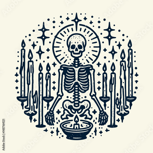 Skeleton surrounded by candles. Halloween Skull Bones Anatomy Skeletal Clipart Line Art Vector Illustration. Bony figure amid illumination votive lights wax glow funerary theme.