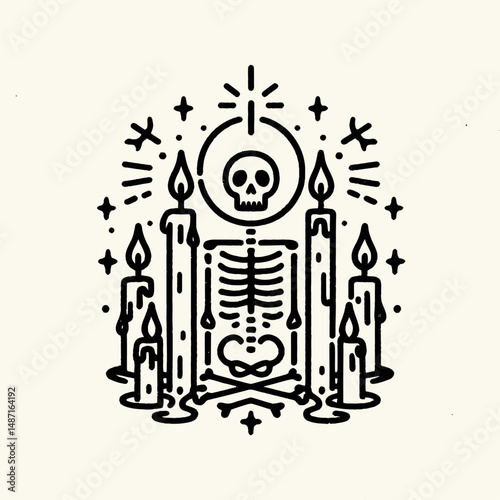Skeleton surrounded by candles. Halloween Skull Bones Anatomy Skeletal Clipart Line Art Vector Illustration. Bony figure encircled with illumination flame light for gothic theme concept.