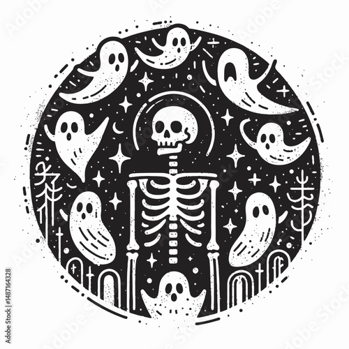 Skeleton surrounded by ghosts. Halloween Skull Bones Anatomy Skeletal Clipart Line Art Vector Illustration. Spectral apparition encircling bony figure phantom phenomena concept.