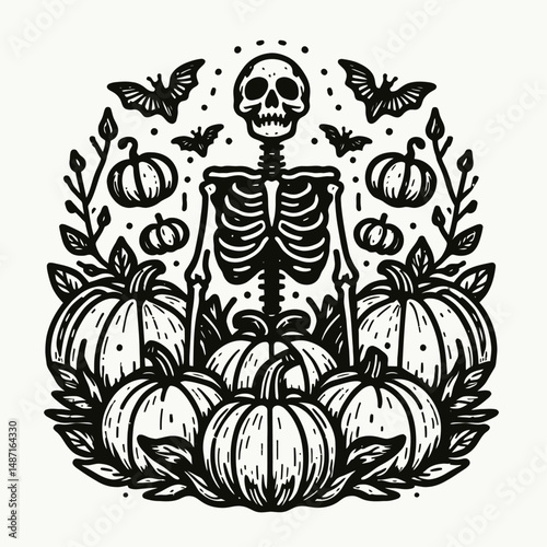 Skeleton surrounded by pumpkins. Halloween Skull Bones Anatomy Skeletal Clipart Line Art Vector Illustration. Bony figure amid cucurbita decoration autumnal spooky scene concept.