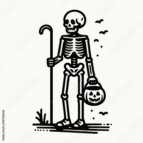 Skeleton trick or treating Halloween. Halloween Skull Bones Anatomy Skeletal Clipart Line Art Vector Illustration. Bony figure candy gathering autumnal festivity fright night fun.