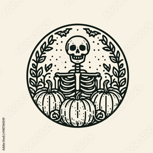 Skeleton surrounded by pumpkins. Halloween Skull Bones Anatomy Skeletal Clipart Line Art Vector Illustration. Bony remains amid gourd patch autumnal holiday design element october motif.