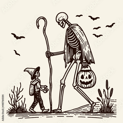 Skeleton trick or treating. Halloween Skull Bones Anatomy Skeletal Clipart Line Art Vector Illustration. Bony phantom adventure bone figure on a candy collecting journey.