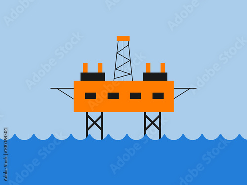 illustration shows an orange oil rig platform with black supports standing in blue water under a light blue sky