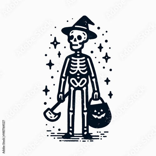 Skeleton trick or treating. Halloween Skull Bones Anatomy Skeletal Clipart Line Art Vector Illustration. Bony figure costume candy collecting autumn festivity fun for kiddie.