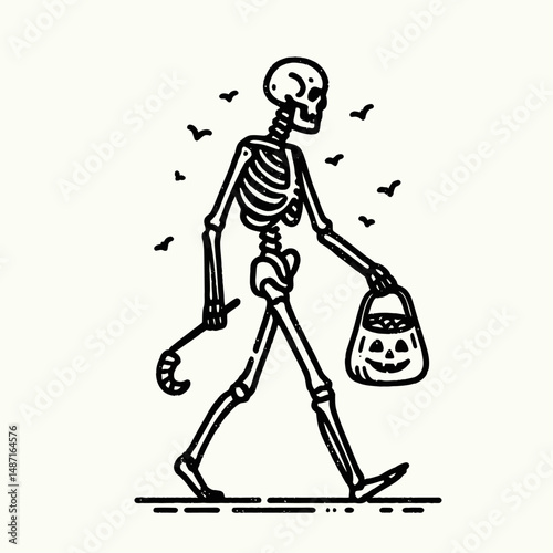 Skeleton trick or treating. Halloween Skull Bones Anatomy Skeletal Clipart Line Art Vector Illustration. Spooky costume festival bony figure adventure during all hallows eve.