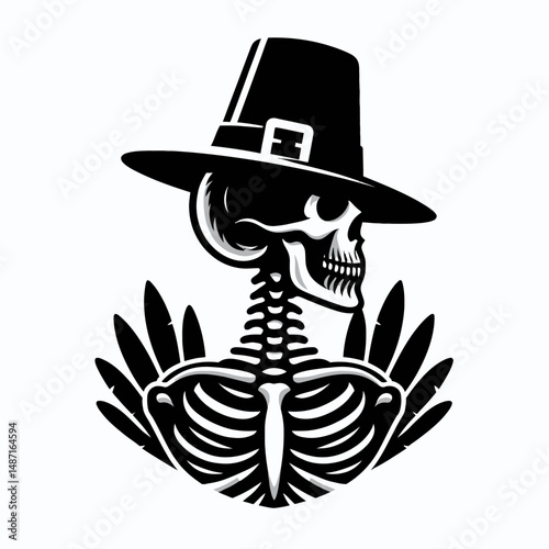 Skeleton wear pilgrim hat in thanksgiving. Halloween Skull Bones Anatomy Skeletal Clipart Line Art Vector Illustration. Bony figure with vintage headgear observing autumn holiday ritual.