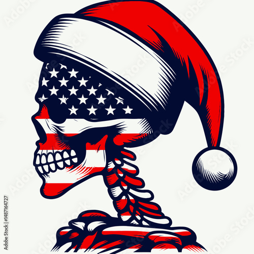 Skeleton wear santa hat as Claus. Halloween Skull Bones Anatomy Skeletal Clipart Line Art Vector Illustration. Bony figure donned headgear become Yuletide imitation iconic festive persona.