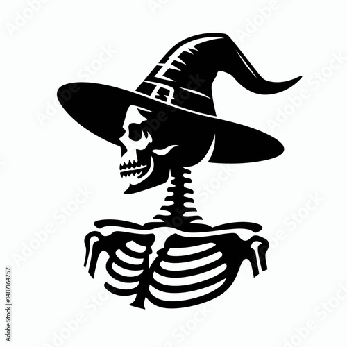 Skeleton wear witch hat in halloween. Halloween Skull Bones Anatomy Skeletal Clipart Line Art Vector Illustration. Bony form don witchcraft headgear during autumnal holiday festivity.