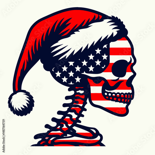 Skeleton wear santa hat as Claus. Halloween Skull Bones Anatomy Skeletal Clipart Line Art Vector Illustration. Bony figure in yuletide headgear impersonating father christmas xmas.