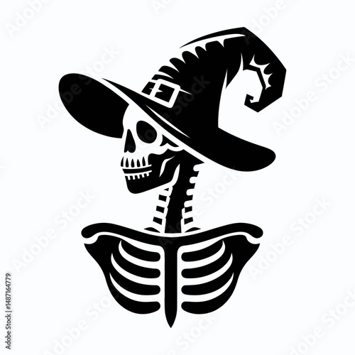Skeleton wear witch hat in halloween. Halloween Skull Bones Anatomy Skeletal Clipart Line Art Vector Illustration. Bony figure donned pointy cap mystic holiday costume for october festivity.