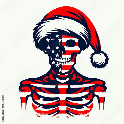 Skeleton wear santa hat as Claus. Halloween Skull Bones Anatomy Skeletal Clipart Line Art Vector Illustration. Bony figure donned holiday headgear resembling jolly saint nick.