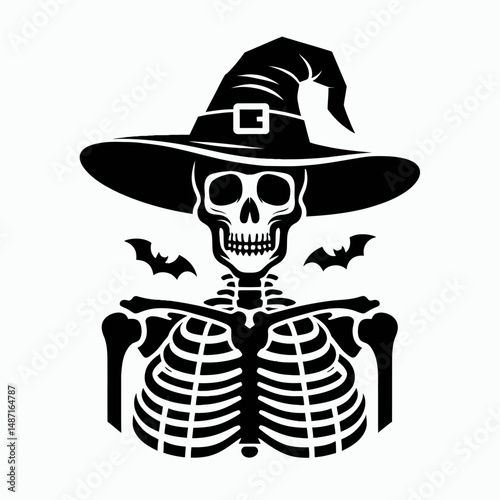 Skeleton wear witch hat in halloween. Halloween Skull Bones Anatomy Skeletal Clipart Line Art Vector Illustration. Bony figure donned sorceress cone for fright night party costume festivity.