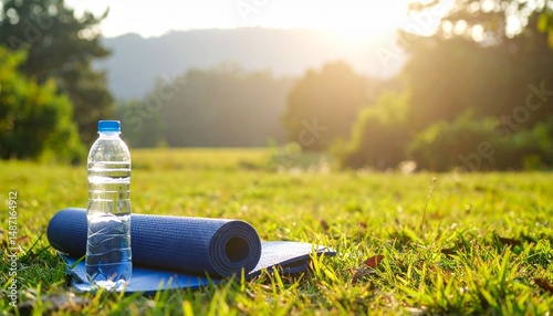 Digital detox recharge concept. Relaxing outdoor scene with a yoga mat and water bottle.