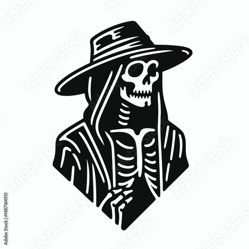 Skeleton wearing a black cloak. Halloween Skull Bones Anatomy Skeletal Clipart Line Art Vector Illustration. Bony figure in dark shroud macabre image of mortality occult theme.