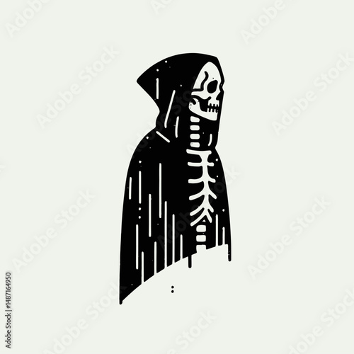 Skeleton wearing a black cloak. Halloween Skull Bones Anatomy Skeletal Clipart Line Art Vector Illustration. Bony figure in dark apparel wraithly form shrouded horror fantasy image.