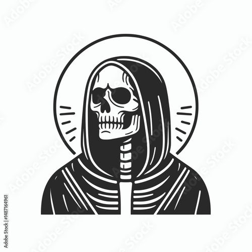 Skeleton wearing a black cloak. Halloween Skull Bones Anatomy Skeletal Clipart Line Art Vector Illustration. Bony figure in dark robe gothic phantom funerary garment macabre shade.