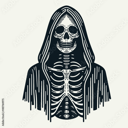 Skeleton wearing a black cloak. Halloween Skull Bones Anatomy Skeletal Clipart Line Art Vector Illustration. figure draped in dark shroud an eerie occult phantom image.