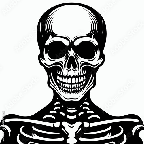 Skeleton wearing a creepy smile. Halloween Skull Bones Anatomy Skeletal Clipart Line Art Vector Illustration. Bony figure showing sinister grin spooky visage with weird smirk.