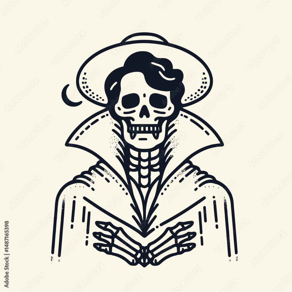 Fototapeta premium Skeleton wearing a Dracula cape. Halloween Skull Bones Anatomy Skeletal Clipart Line Art Vector Illustration. Bony figure in dark attire monstrous costume mystic undead apparition.