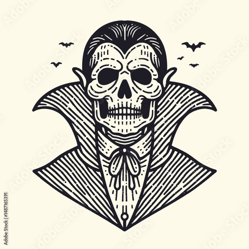 Skeleton wearing a Dracula cape. Halloween Skull Bones Anatomy Skeletal Clipart Line Art Vector Illustration. Bony figure in nocturnal attire spooky fiend vampiric cloak costume.