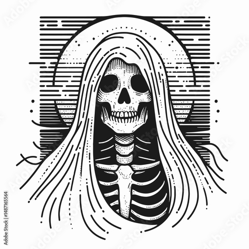 Skeleton wearing a ghost sheet. Halloween Skull Bones Anatomy Skeletal Clipart Line Art Vector Illustration. Bony figure in spectral drape spooky apparition for fright night costume fun.